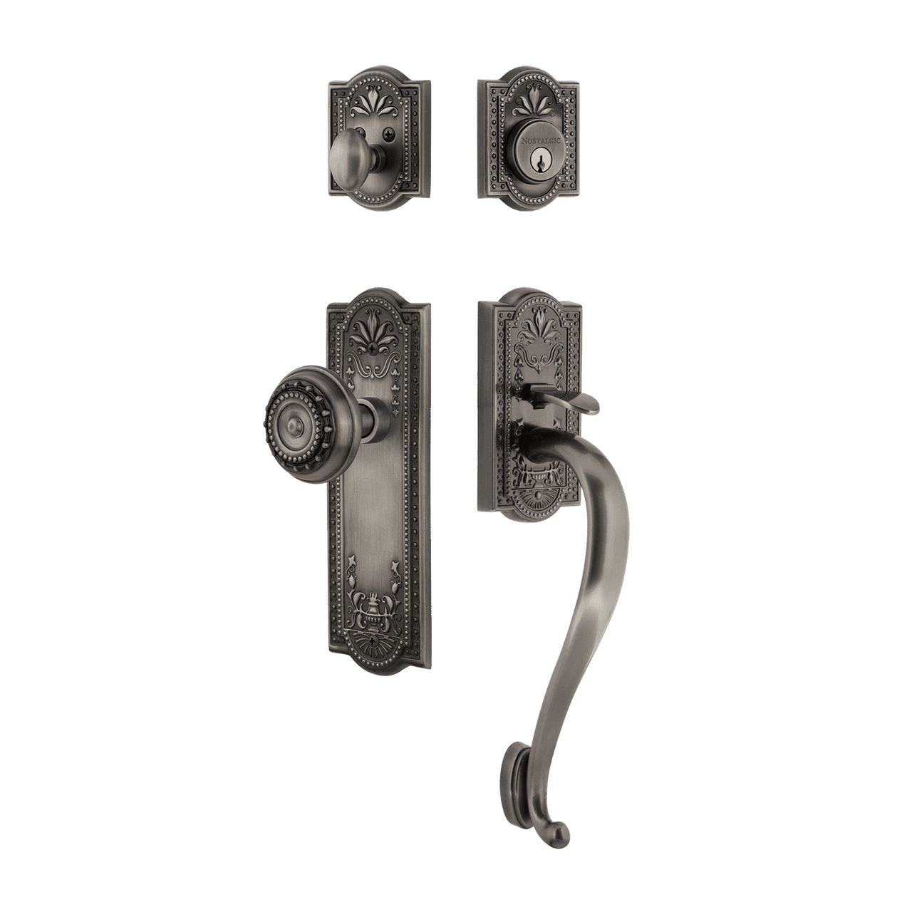 Nostalgic 727657: Entry Lockset w/Meadows Backplate, S-Grip Exterior Handle and Meadows Knob - Antique Pewter