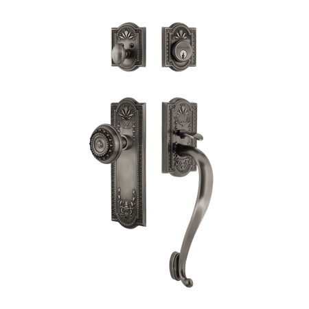 Nostalgic 727657: Entry Lockset w/Meadows Backplate, S-Grip Exterior Handle and Meadows Knob - Antique Pewter