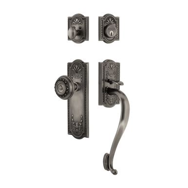 Nostalgic 719461: Entry Lockset w/Meadows Backplate, S-Grip Exterior Handle and Meadows Knob - Antique Pewter