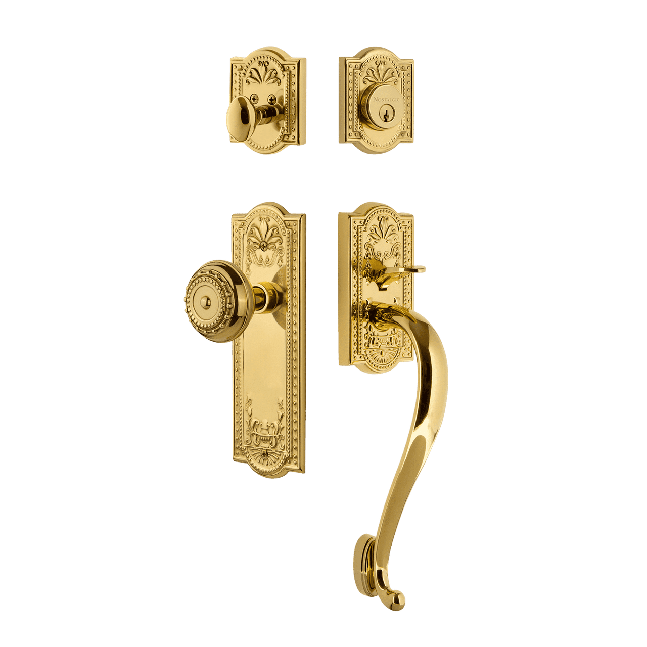 Nostalgic 727869: Entry Lockset w/Meadows Backplate, S-Grip Exterior Handle and Meadows Knob - Polished Brass