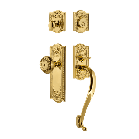 Nostalgic 733352: Entry Lockset w/Meadows Backplate, S-Grip Exterior Handle and Meadows Knob - Polished Brass
