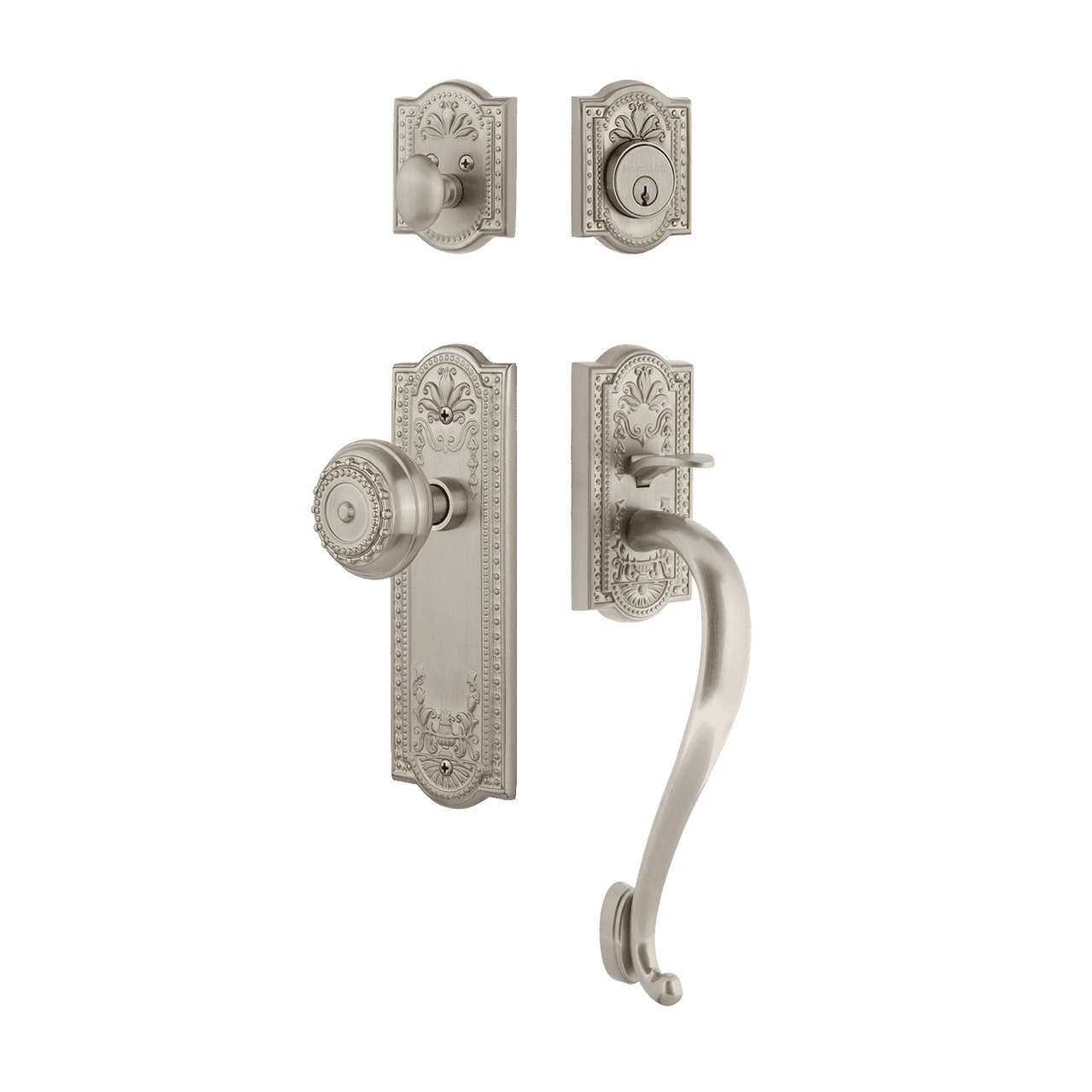 Nostalgic 727570: Entry Lockset w/Meadows Backplate, S-Grip Exterior Handle and Meadows Knob - Satin Nickel