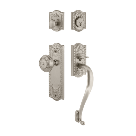 Nostalgic 719556: Entry Lockset w/Meadows Backplate, S-Grip Exterior Handle and Meadows Knob - Satin Nickel