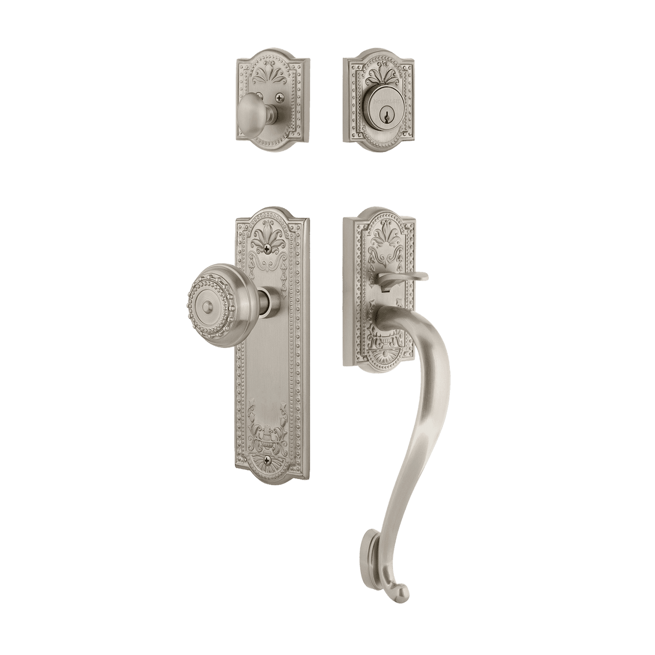 Nostalgic 733353: Entry Lockset w/Meadows Backplate, S-Grip Exterior Handle and Meadows Knob - Satin Nickel