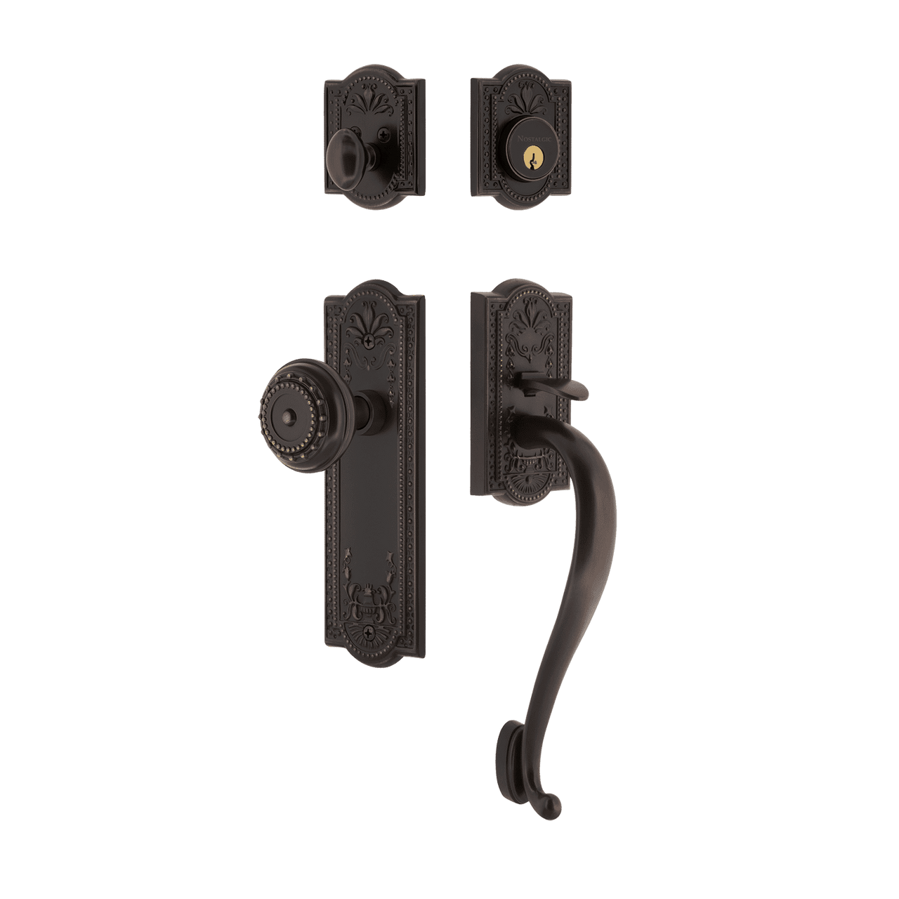Nostalgic 727735: Entry Lockset w/Meadows Backplate, S-Grip Exterior Handle and Meadows Knob - Timeless Bronze