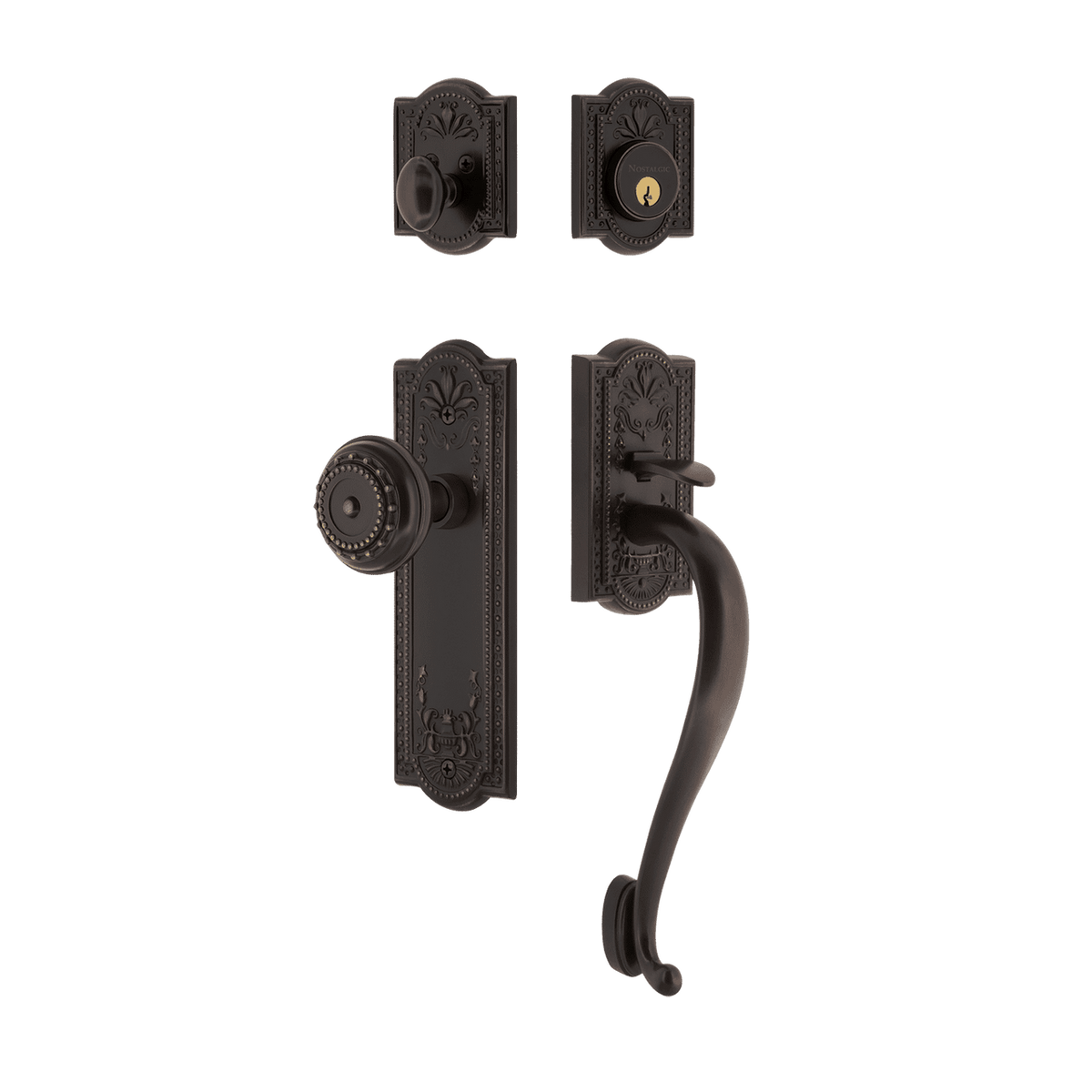 Nostalgic 719382: Entry Lockset w/Meadows Backplate, S-Grip Exterior Handle and Meadows Knob - Timeless Bronze