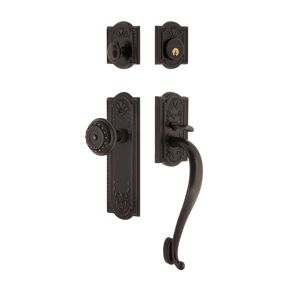 Nostalgic 708244: Entry Lockset w/Meadows Backplate, S-Grip Exterior Handle and Meadows Knob - Timeless Bronze