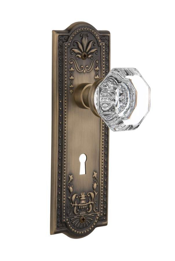 Nostalgic 704402: Meadows Backplate w/Waldorf Knob Passage Door Set - Antique Brass