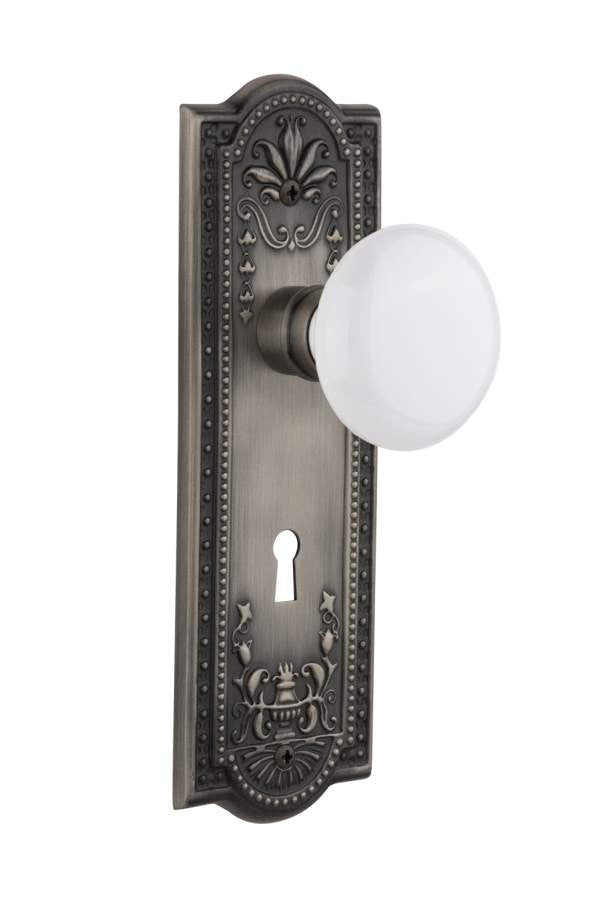 Nostalgic 704869: Mortise Meadows Plate w/ White Porcelain Knob - Antique Pewter