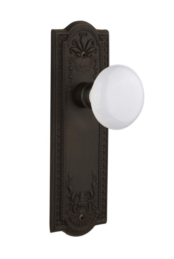 Nostalgic 704423: Meadows Backplate w/White Porcelain Knob Single Dummy Door Set - Oil-Rubbed Bronze
