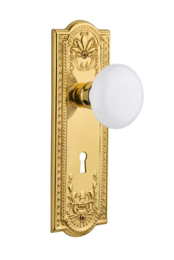 Nostalgic 716998: Meadows Backplate w/White Porcelain Knob Passage Door Set - Unlacquered Brass