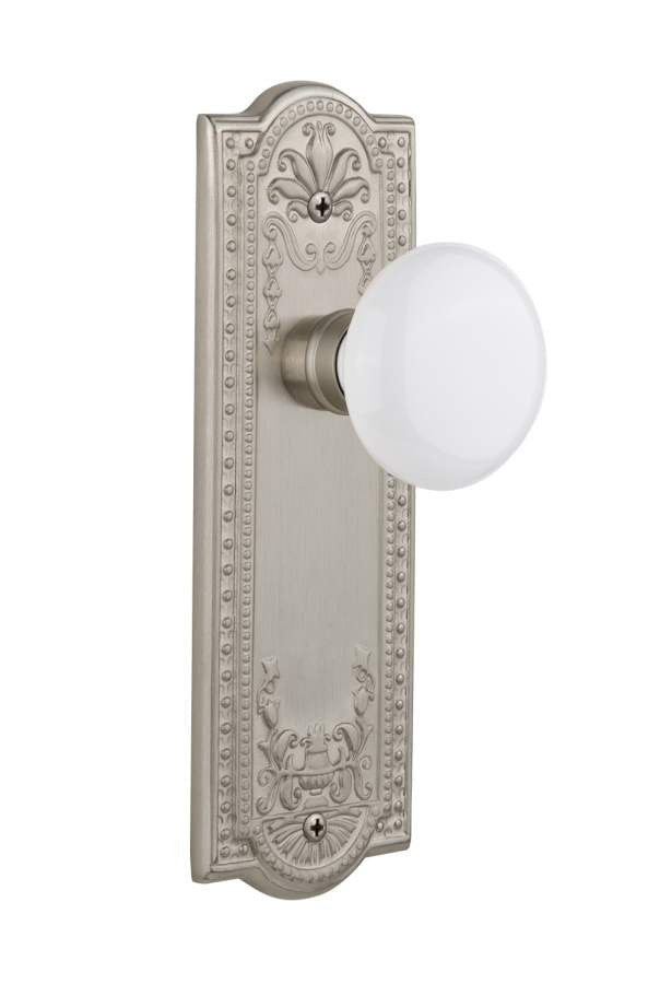 Nostalgic 701893: Meadows Backplate w/White Porcelain Knob Passage Door Set - Satin Nickel