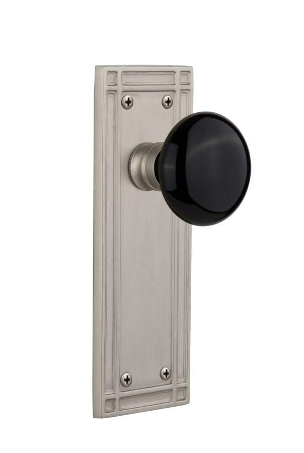 Nostalgic 716225: Mission Backplate w/Black Porcelain Knob Privacy Door Set - Satin Nickel