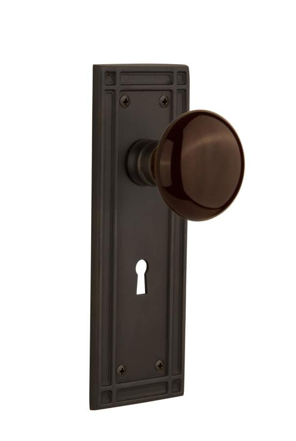 Nostalgic 716036: Mission Backplate w/Brown Porcelain Knob Single Dummy Door Set - Oil-Rubbed Bronze