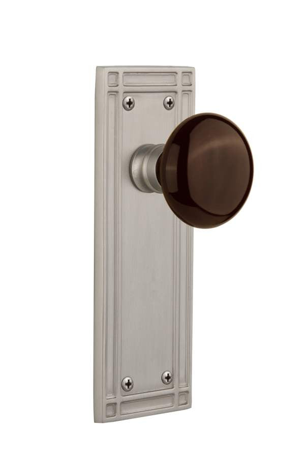 Nostalgic 715845: Mission Backplate w/Brown Porcelain Knob Passage Door Set - Satin Nickel
