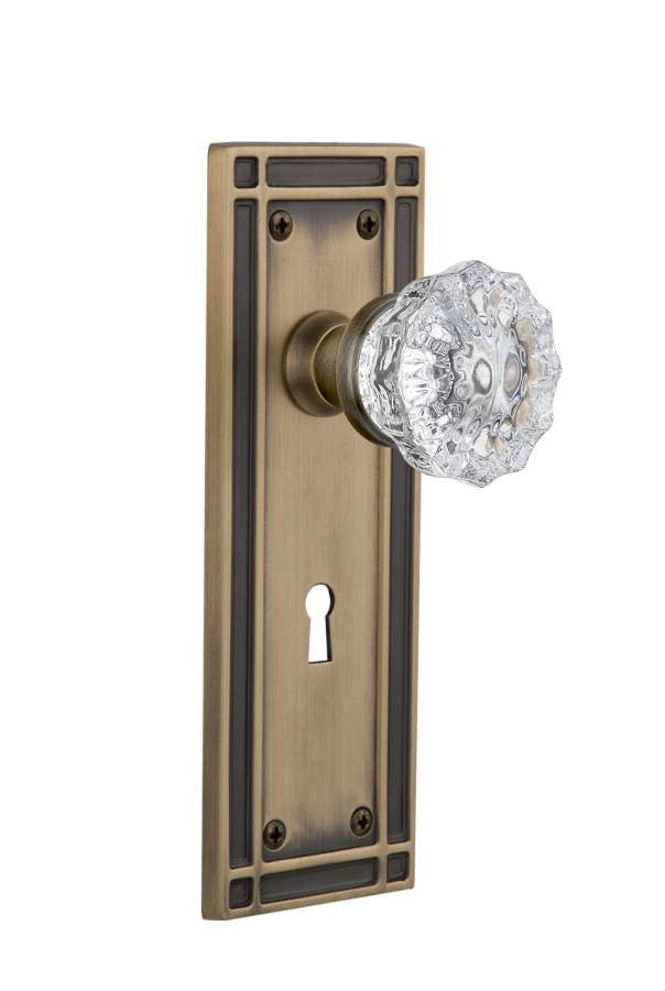 Nostalgic 715870: Mission Backplate w/Clear Crystal Glass Knob Passage Door Set - Antique Brass