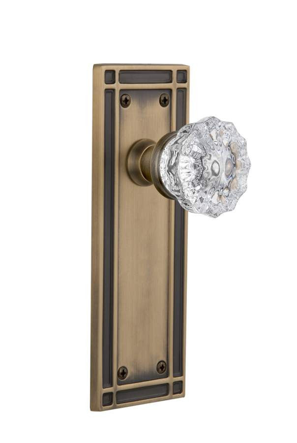 Nostalgic 716190: Mission Backplate w/Clear Crystal Glass Knob Privacy Door Set - Antique Brass