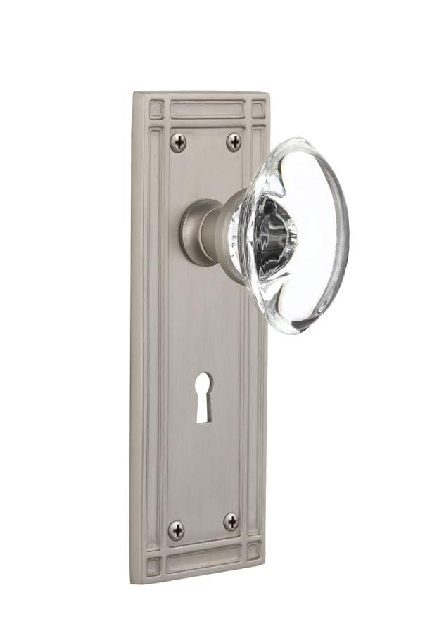 Nostalgic 715913: Mission Backplate w/Oval Clear Glass Crystal Knob Passage Door Set - Satin Nickel