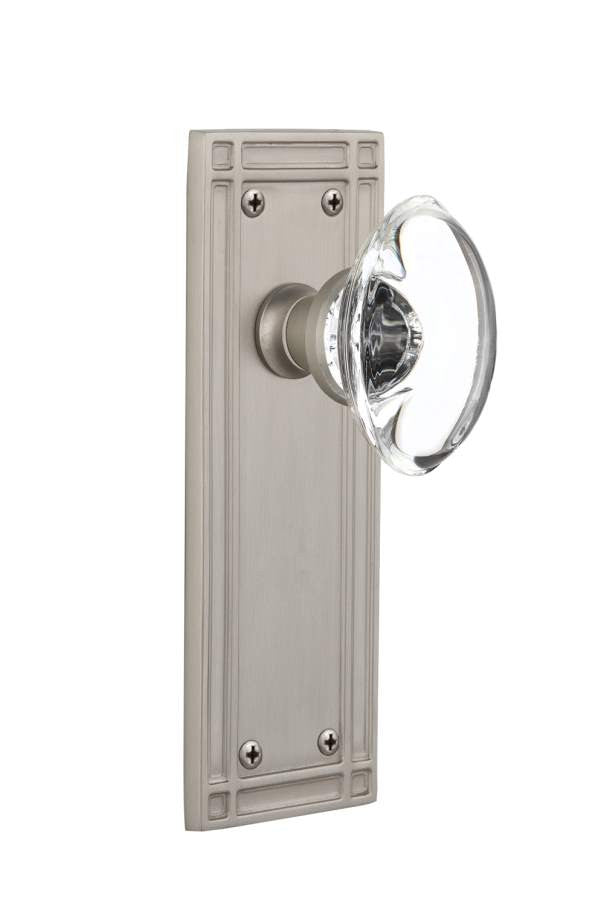Nostalgic 716233: Mission Backplate w/Oval Clear Glass Crystal Knob Privacy Door Set - Satin Nickel