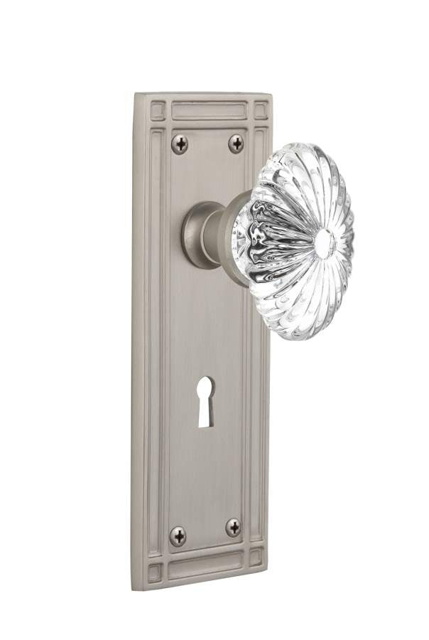 Nostalgic 716045: Mission Backplate w/Oval Fluted Clear Glass Crystal Knob Single Dummy Door Set - Satin Nickel