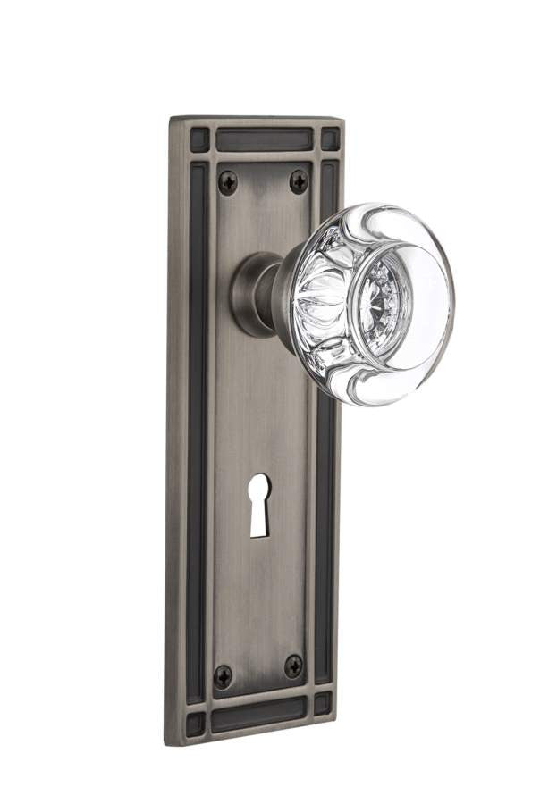 Nostalgic 716307: Mission Backplate w/Round Clear Glass Crystal Knob Privacy Door Set - Antique Pewter
