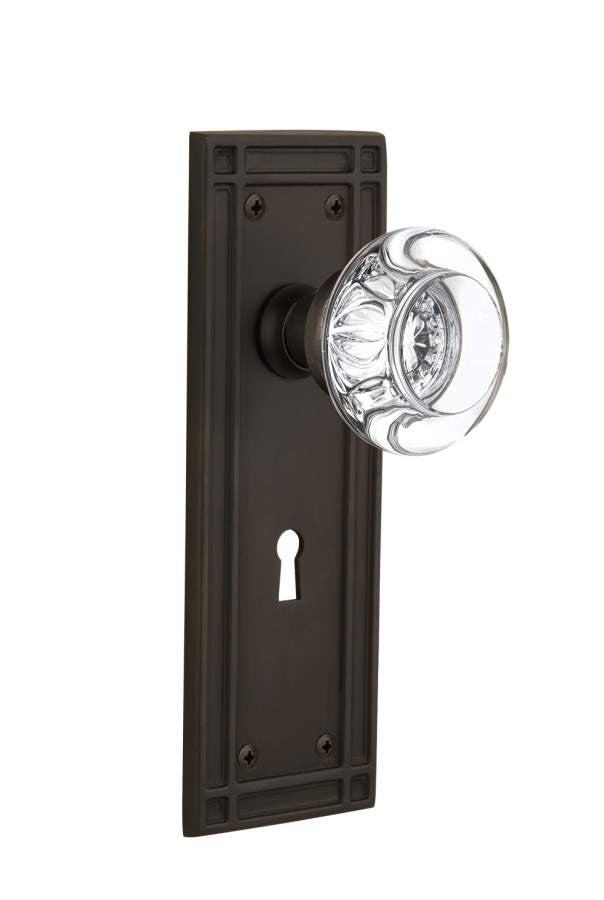 Nostalgic 715924: Mission Backplate w/Round Clear Glass Crystal Knob Passage Door Set - Oil-Rubbed Bronze