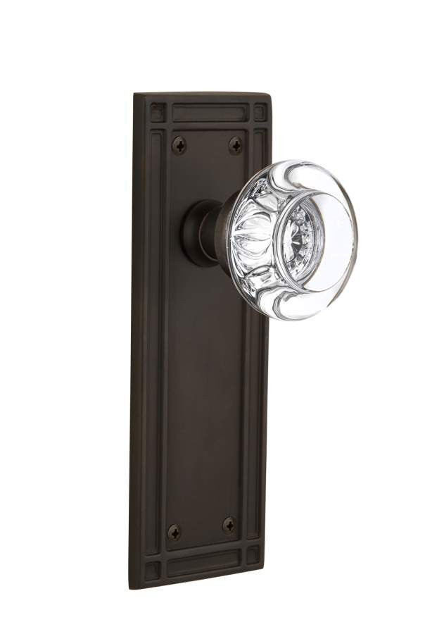 Nostalgic 715860: Mission Backplate w/Round Clear Glass Crystal Knob Passage Door Set - Oil-Rubbed Bronze
