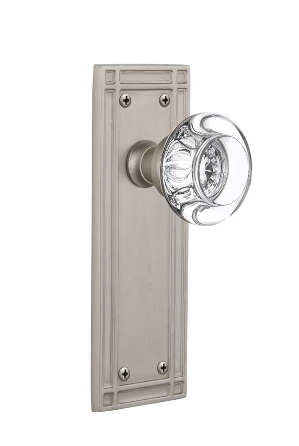 Nostalgic 716309: Mission Backplate w/Round Clear Glass Crystal Knob Privacy Door Set - Satin Nickel
