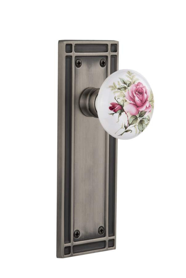 Nostalgic 716239: Mission Backplate w/White Rose Porcelain Knob Privacy Door Set - Antique Pewter