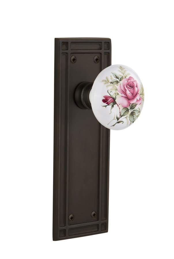 Nostalgic 715856: Mission Backplate w/White Rose Porcelain Knob Passage Door Set - Oil-Rubbed Bronze