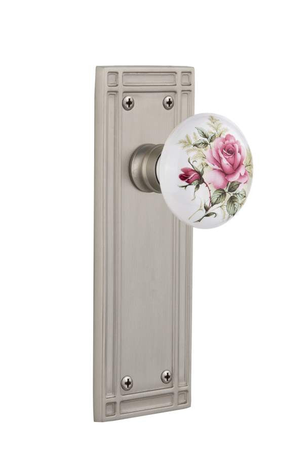 Nostalgic 715985: Mission Backplate w/White Rose Porcelain Knob Single Dummy Door Set - Satin Nickel