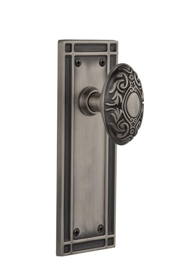 Nostalgic 716211: Mission Backplate w/Victorian Knob Privacy Door Set - Antique Pewter