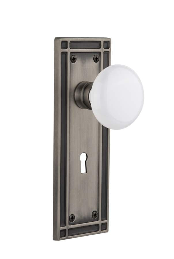Nostalgic 715899: Mission Backplate w/White Porcelain Knob Passage Door Set - Antique Pewter