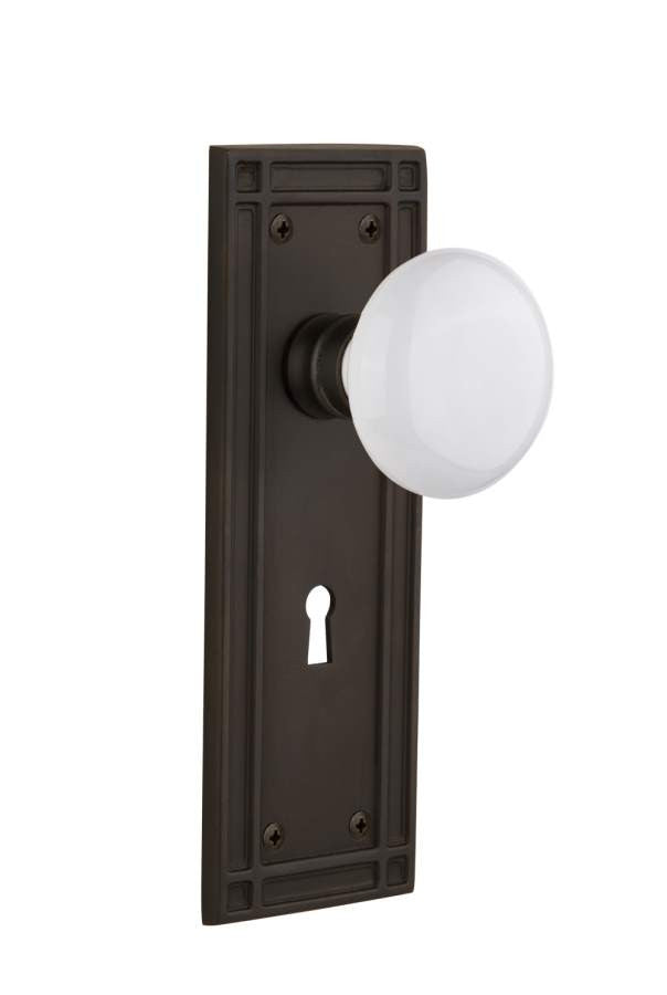 Nostalgic 715900: Mission Backplate w/White Porcelain Knob Passage Door Set - Oil-Rubbed Bronze