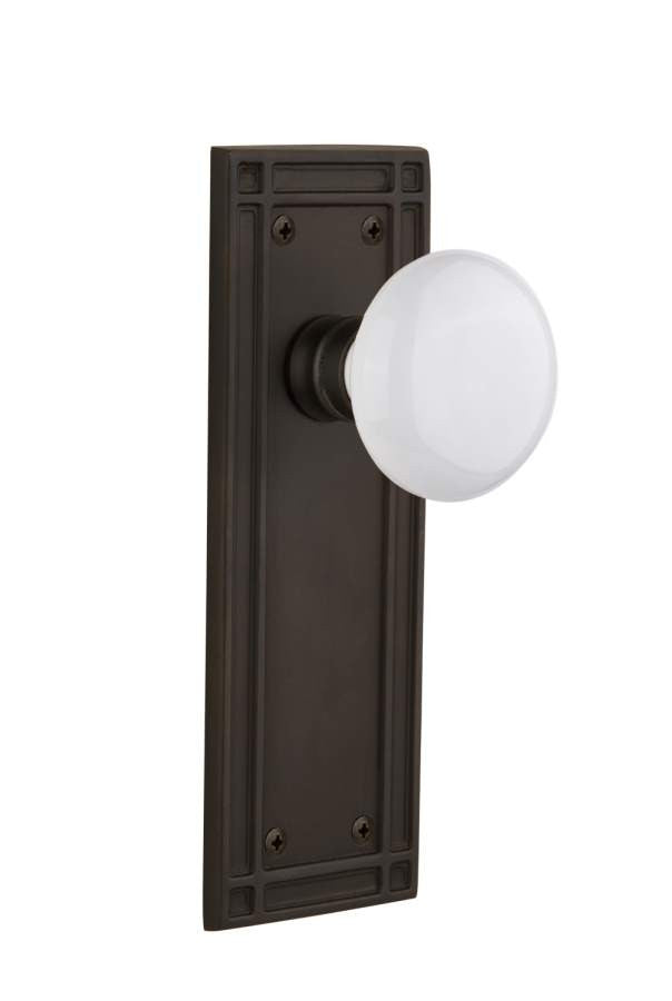 Nostalgic 715964: Mission Backplate w/White Porcelain Knob Single Dummy Door Set - Oil-Rubbed Bronze