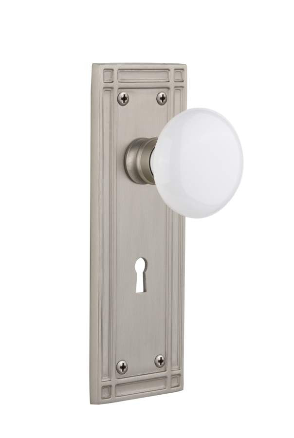 Nostalgic 716285: Mission Backplate w/White Porcelain Knob Privacy Door Set - Satin Nickel