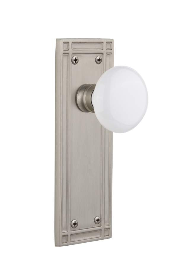 Nostalgic 715965: Mission Backplate w/White Porcelain Knob Single Dummy Door Set - Satin Nickel