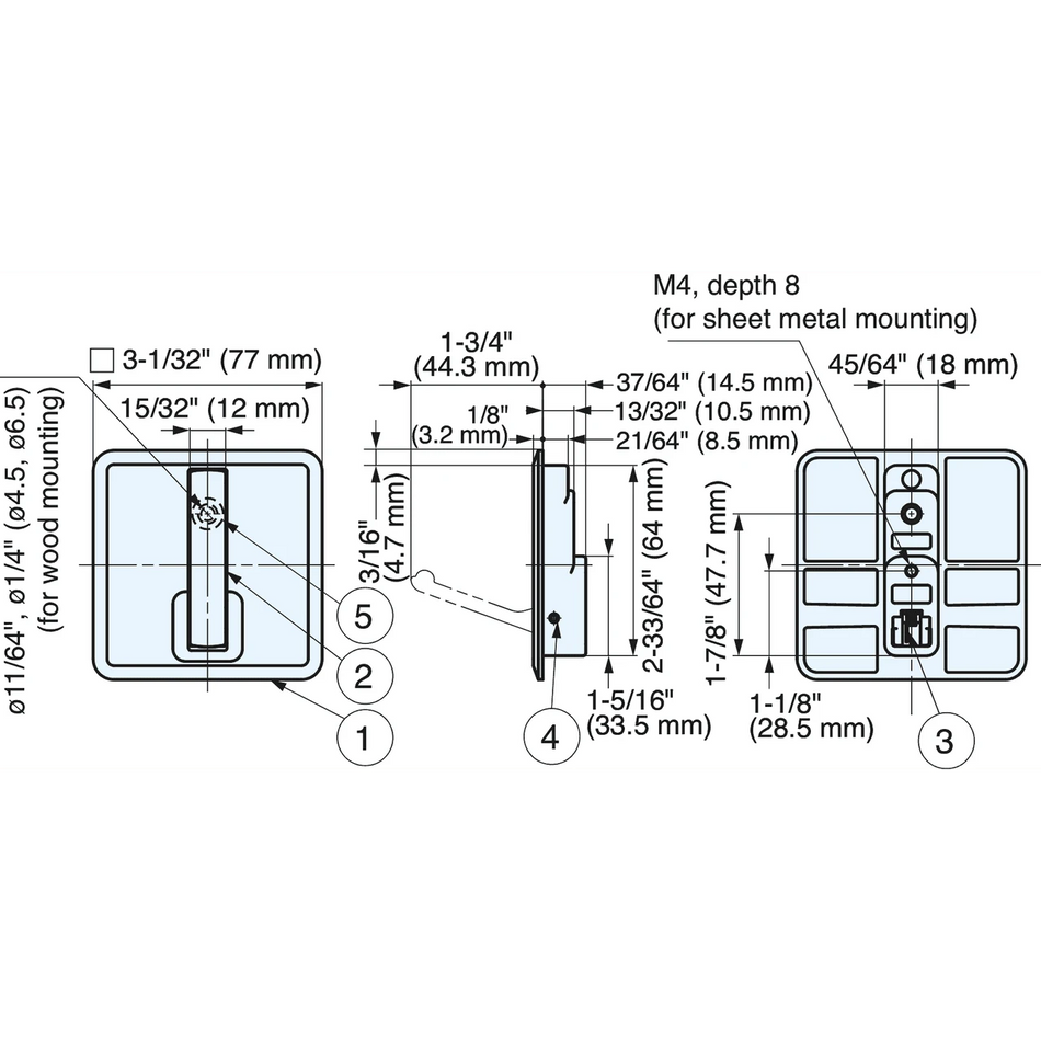 Sugatsune NF-K77-CR: 3" Square Retractable Recessed Hook - Polished Chrome