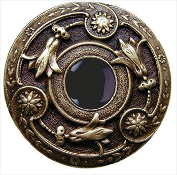 Notting Hill NHK-161-AB-O: Jeweled Lily Cabinet Knob - Black Onyx/Antique Brass