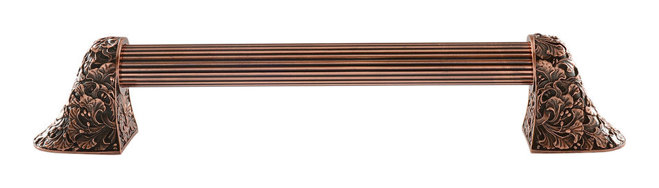 Notting Hill NHO-502-AC-14F: 10"cc Florid Leaves Appliance Pull w/Fluted Bar - Antique Copper