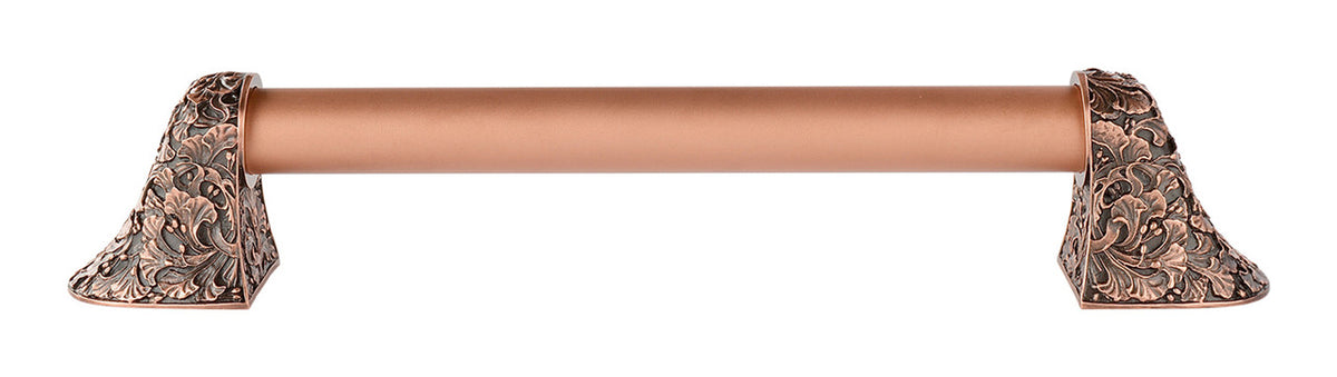 Notting Hill NHO-502-AC-12PL: 8"cc Florid Leaves Appliance Pull w/Plain Bar - Antique Copper