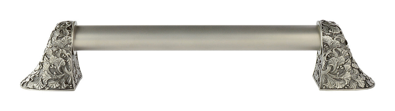 Notting Hill NHO-502-AP-14PL: 10"cc Florid Leaves Appliance Pull w/Plain Bar - Antique Pewter