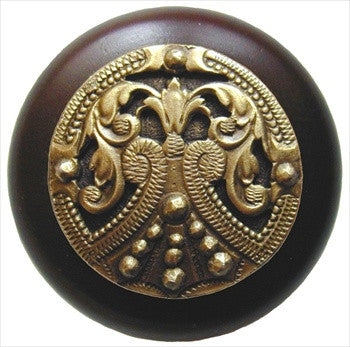 Notting Hill NHW-701W-AB: Regal Crest Cabinet Knob - Dark Walnut/Antique Brass