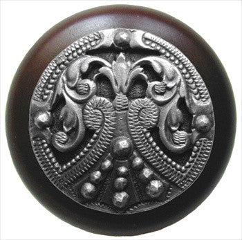 Notting Hill NHW-701W-AP: Regal Crest Cabinet Knob - Dark Walnut/Antique Pewter