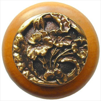 Notting Hill NHW-704M-AB: Hibiscus Cabinet Knob - Maple/Antique Brass