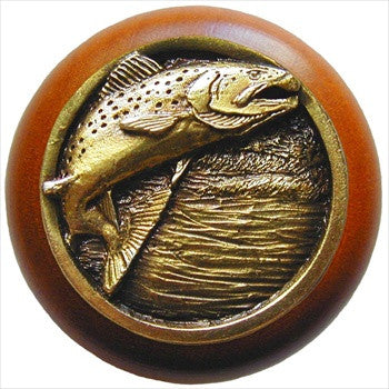 Notting Hill NHW-708C-AB: Leaping Trout Cabinet Knob - Cherry/Antique Brass
