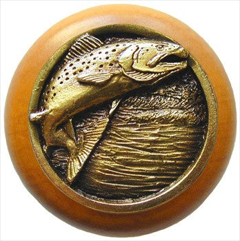 Notting Hill NHW-708M-AB: Leaping Trout Cabinet Knob - Maple/Antique Brass