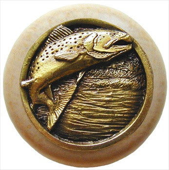 Notting Hill NHW-708N-AB: Leaping Trout Cabinet Knob - Natural/Antique Brass