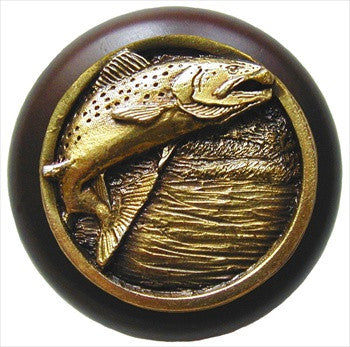 Notting Hill NHW-708W-AB: Leaping Trout Cabinet Knob - Dark Walnut/Antique Brass