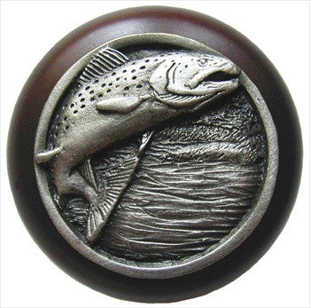 Notting Hill NHW-708W-AP: Leaping Trout Cabinet Knob - Dark Walnut/Antique Pewter